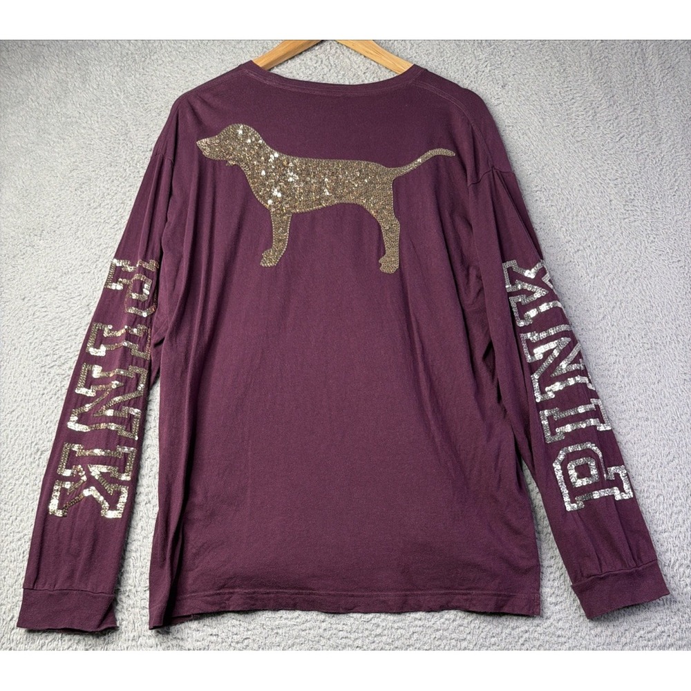 Victorias Secret Pink ShirtWomens L Purple Gold Silver Sequin Bling Long Sleeve